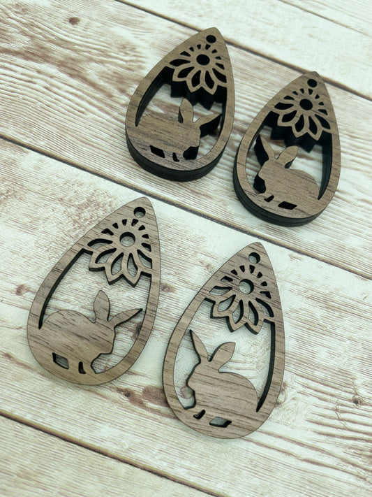 Wood Teardrop Rabbit Flower Earring Blanks, Finished Walnut Blank, DIY Jewelry Making
