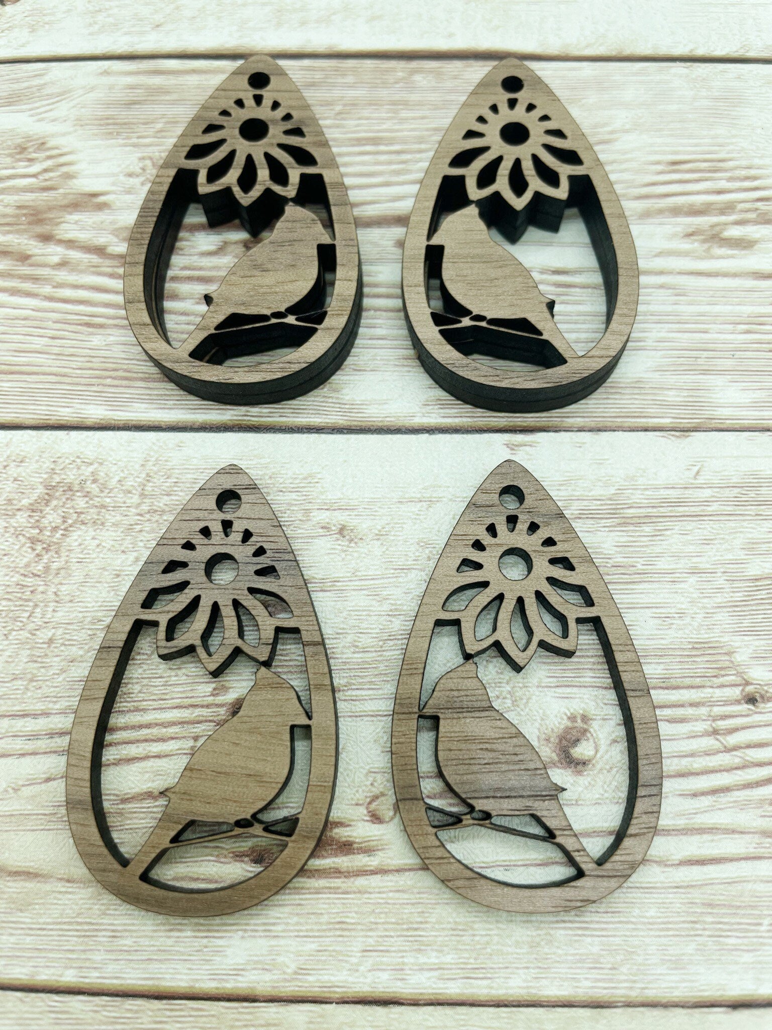 Wood Teardrop Cardinal Bird Flower Earring Blanks, Finished Walnut Blank, DIY Jewelry Making