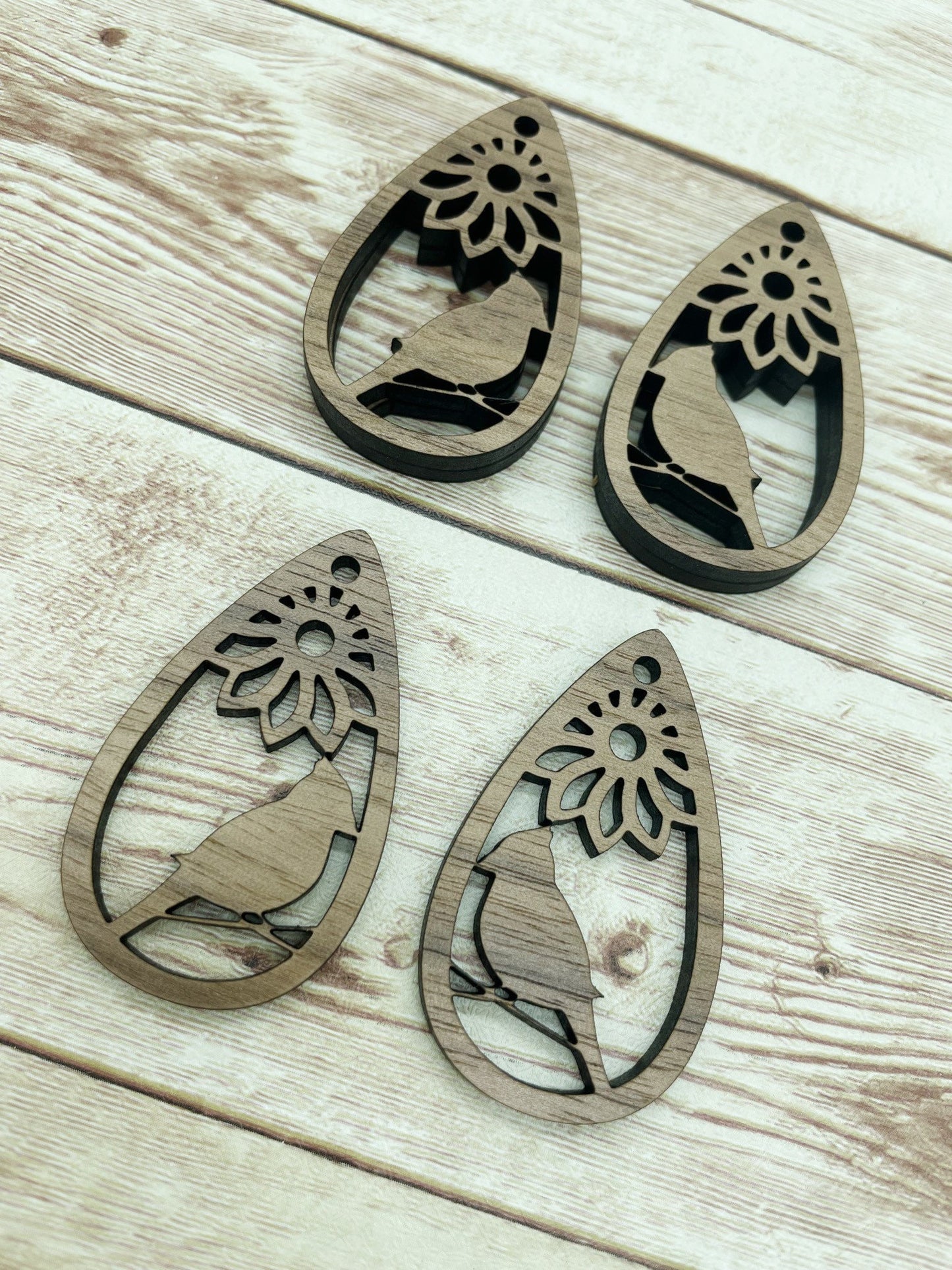 Wood Teardrop Cardinal Bird Flower Earring Blanks, Finished Walnut Blank, DIY Jewelry Making
