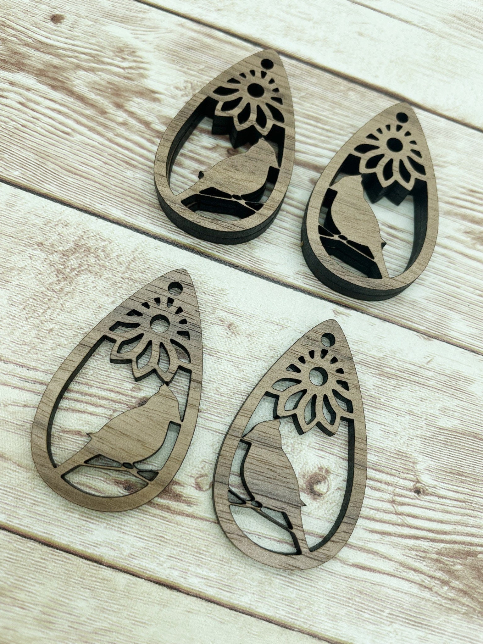 Wood Teardrop Cardinal Bird Flower Earring Blanks, Finished Walnut Blank, DIY Jewelry Making