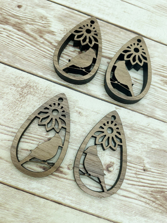 Wood Teardrop Cardinal Bird Flower Earring Blanks, Finished Walnut Blank, DIY Jewelry Making