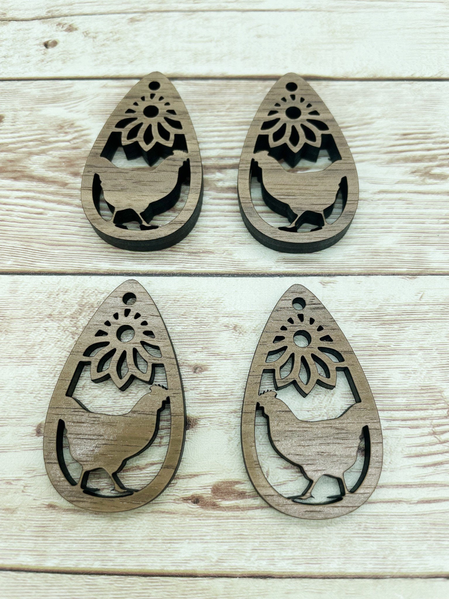 Wood Teardrop Chicken Hen Flower Earring Blanks, Finished Walnut Blank, DIY Jewelry Making