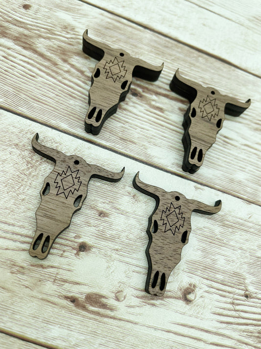 Wood Engraved Cow Skull 1 Earring Blanks, Finished Walnut Blank, DIY Jewelry Making