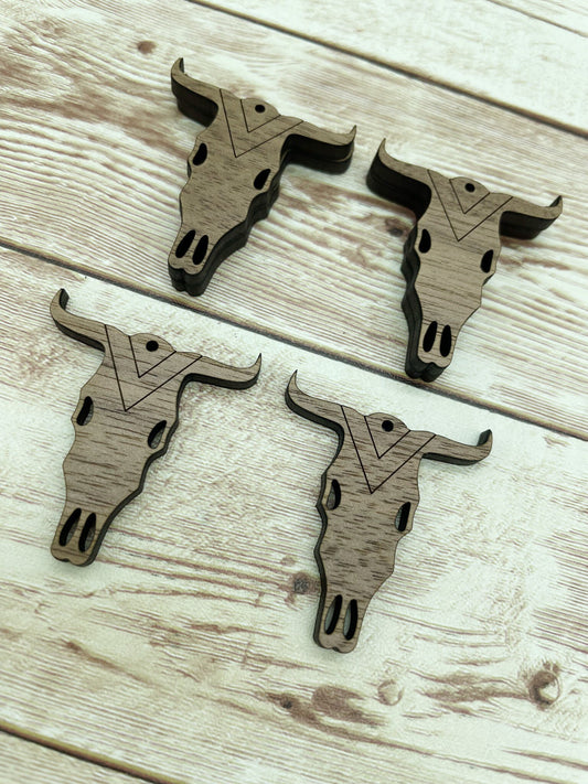 Wood Engraved Cow Skull 2 Earring Blanks, Finished Walnut Blank, DIY Jewelry Making