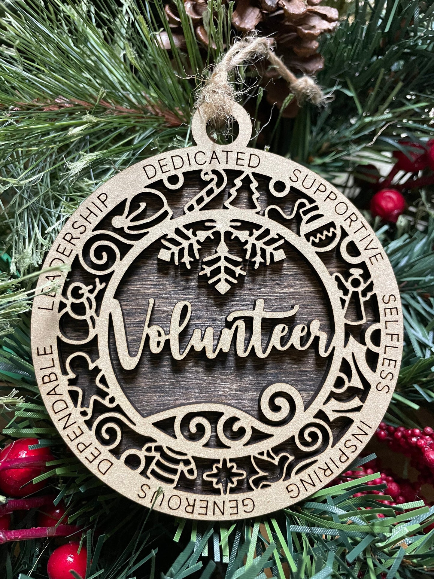 Volunteer Christmas Ornament, Wood Ornament, Holiday Christmas Gift, Laser Cut Engraved