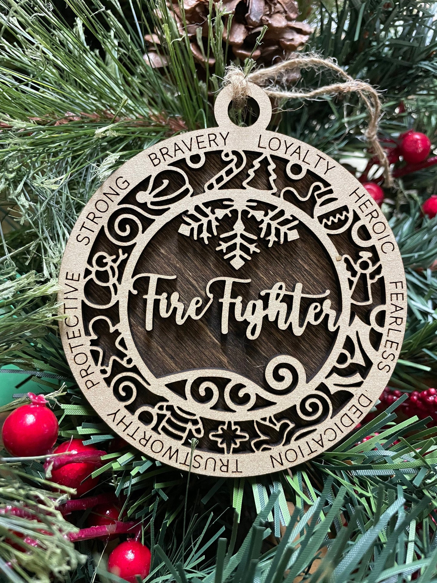 Firefighter Christmas Ornament, Wood Ornament, Holiday Christmas Gift, Laser Cut Engraved