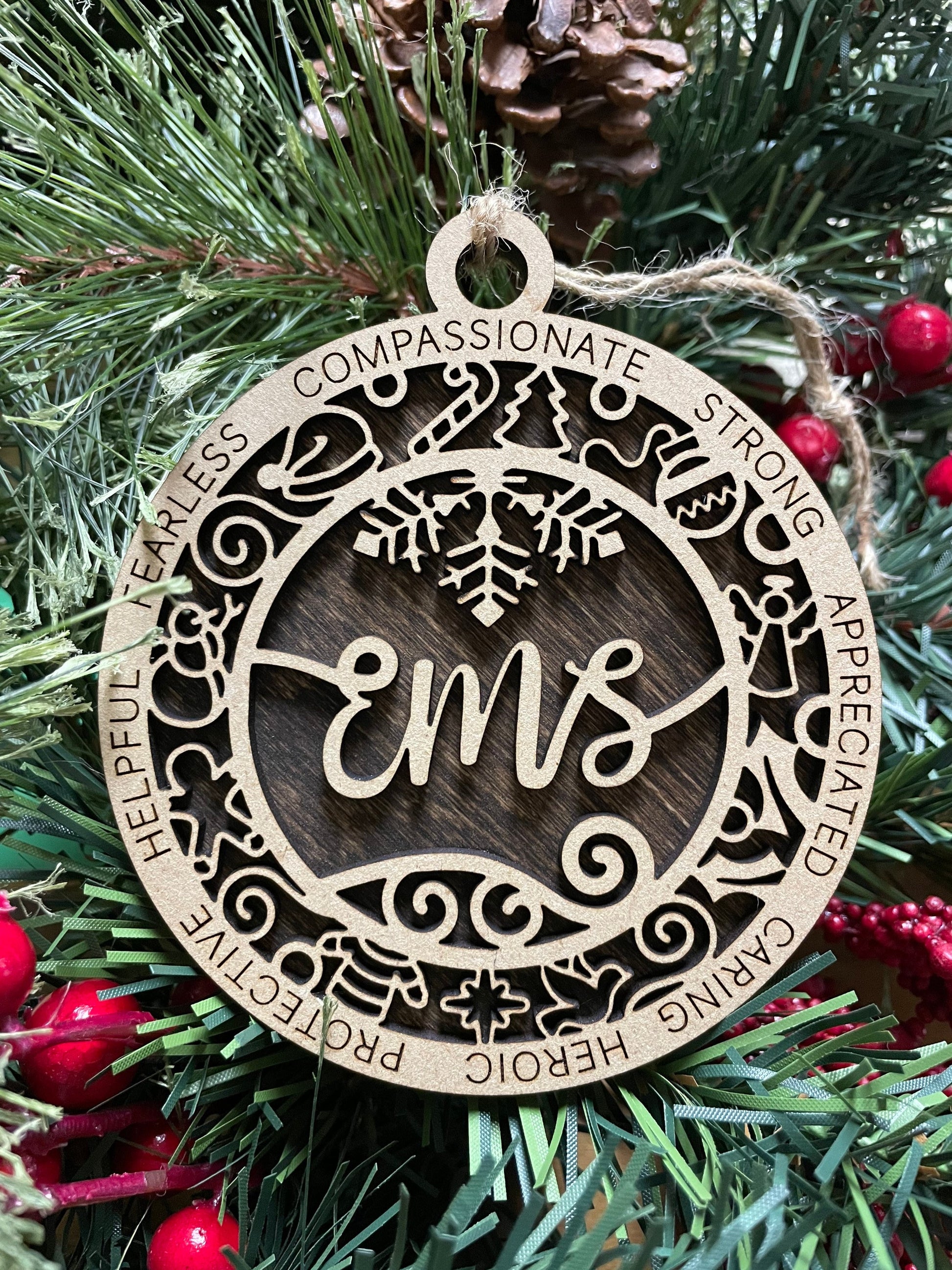EMS Christmas Ornament, Wood Ornament, Holiday Christmas Gift, Laser Cut Engraved