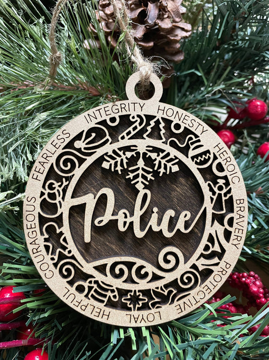 Police Christmas Ornament, Wood Ornament, Holiday Christmas Gift, Laser Cut Engraved