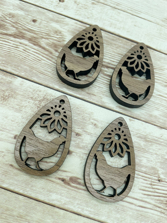 Wood Teardrop Chicken Hen Flower Earring Blanks, Finished Walnut Blank, DIY Jewelry Making