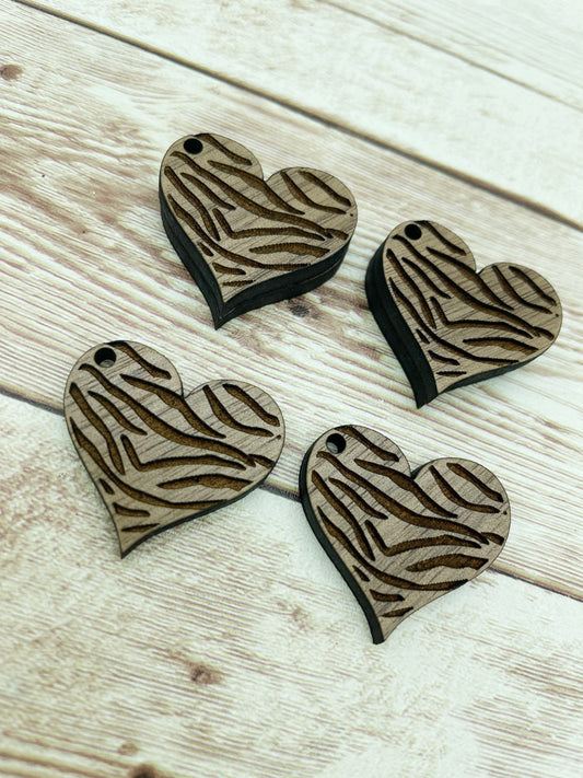 Wood Engraved Zebra Animal Print Heart Earring Blanks, Finished Walnut Blank, DIY Jewelry Making