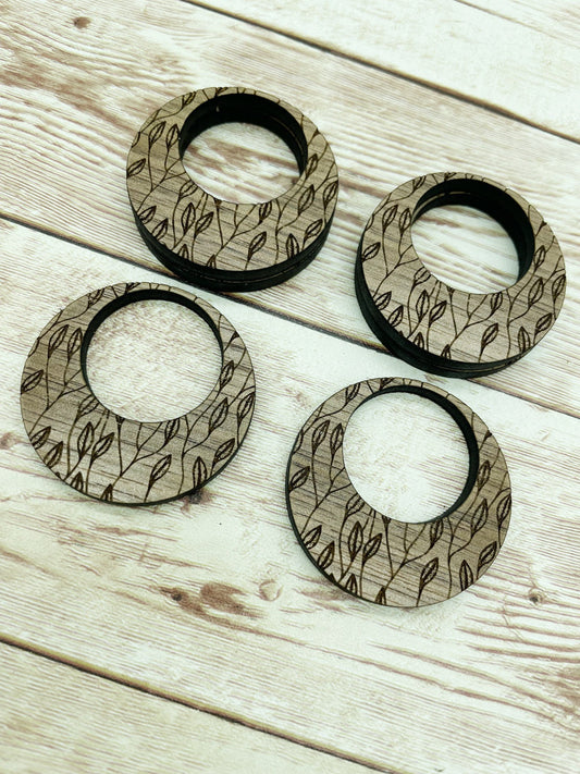Wood Engraved Leaf Print Hoop Earring Blanks, Finished Walnut Blank, DIY Jewelry Making