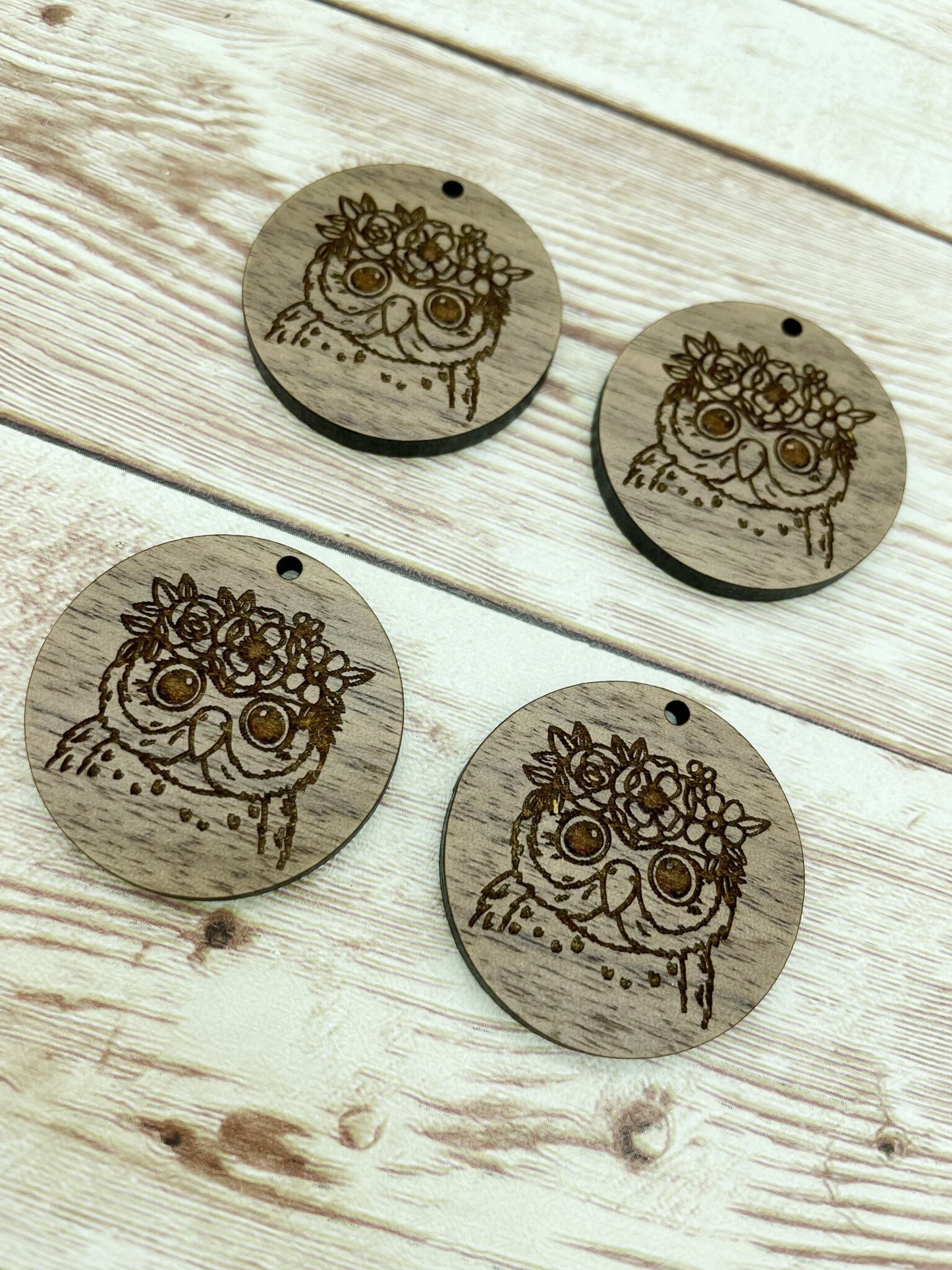 Wood Circle Engraved Floral Owl Earring Blanks, Finished Walnut Blank, DIY Jewelry Making