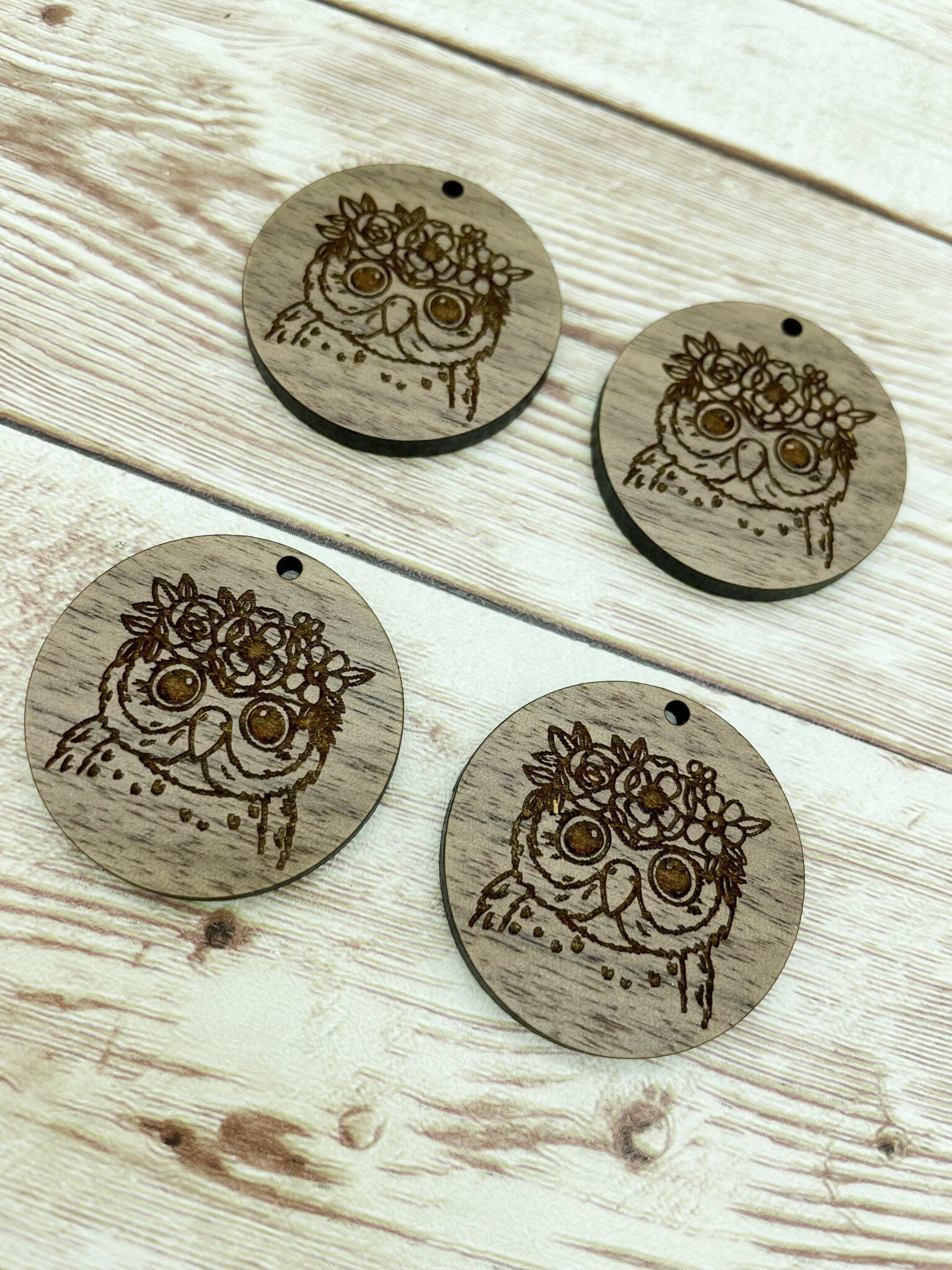Wood Circle Engraved Floral Owl Earring Blanks, Finished Walnut Blank, DIY Jewelry Making
