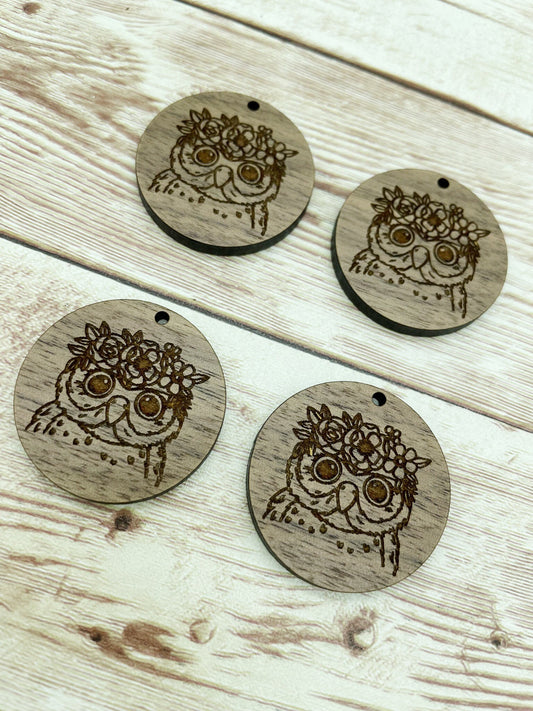Wood Circle Engraved Floral Owl Earring Blanks, Finished Walnut Blank, DIY Jewelry Making
