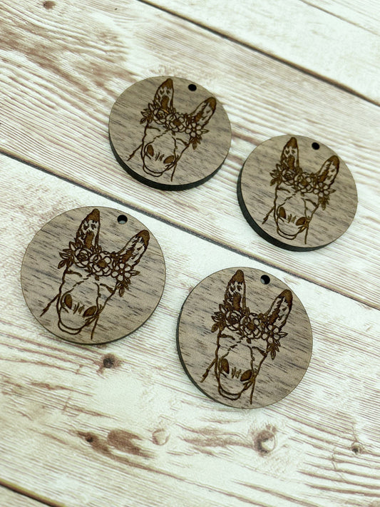 Wood Circle Engraved Floral Donkey Earring Blanks, Finished Walnut Blank, DIY Jewelry Making
