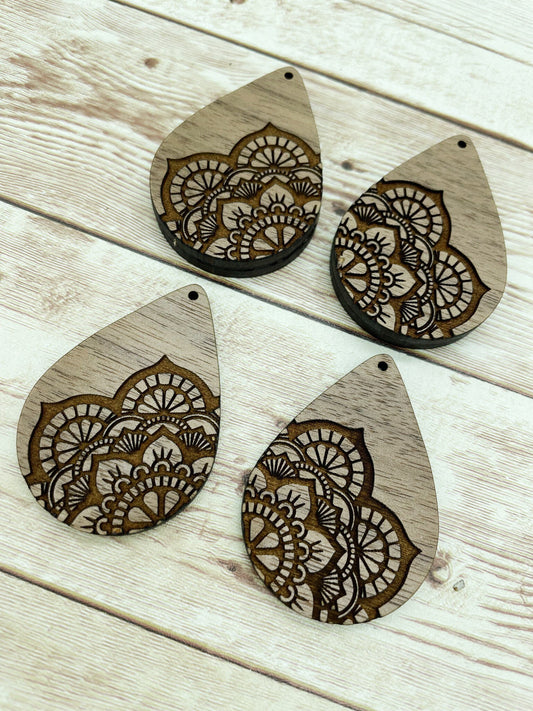 Wood Teardrop Engraved Mandala Earring Blanks, Finished Walnut Blank, DIY Jewelry Making