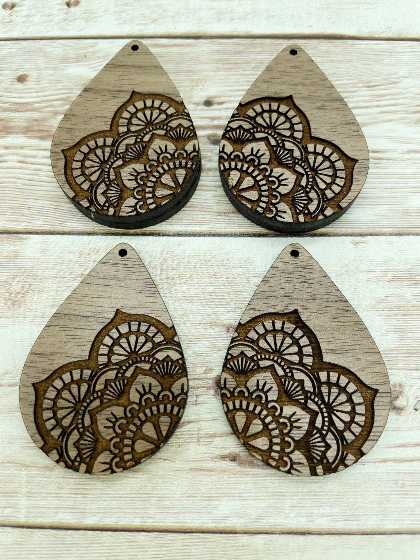 Wood Teardrop Engraved Mandala Earring Blanks, Finished Walnut Blank, DIY Jewelry Making