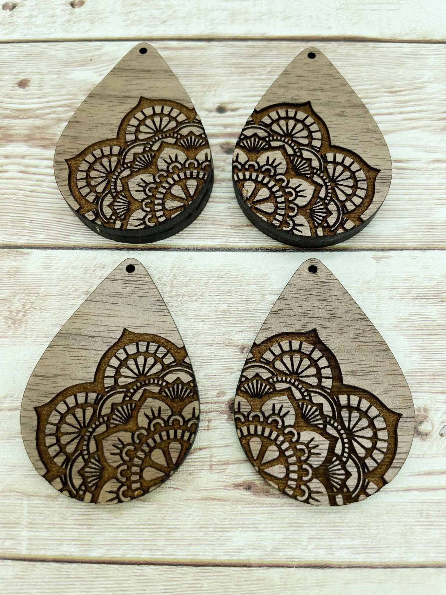 Wood Teardrop Engraved Mandala Earring Blanks, Finished Walnut Blank, DIY Jewelry Making