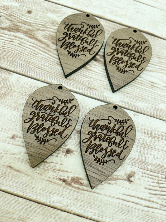 Wood Teardrop Engraved Thankful Grateful Blessed Earring Blanks, Finished Walnut Blank, DIY Jewelry Making