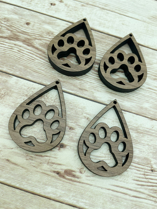 Wood Teardrop Paw Dog Cat Earring Blanks, Finished Walnut Blank, DIY Jewelry Making