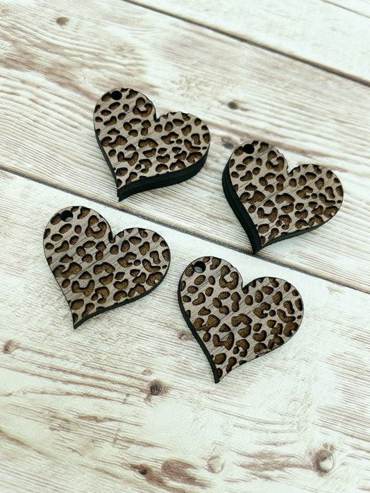 Wood Engraved Leopard Animal Print Heart Earring Blanks, Finished Walnut Blank, DIY Jewelry Making