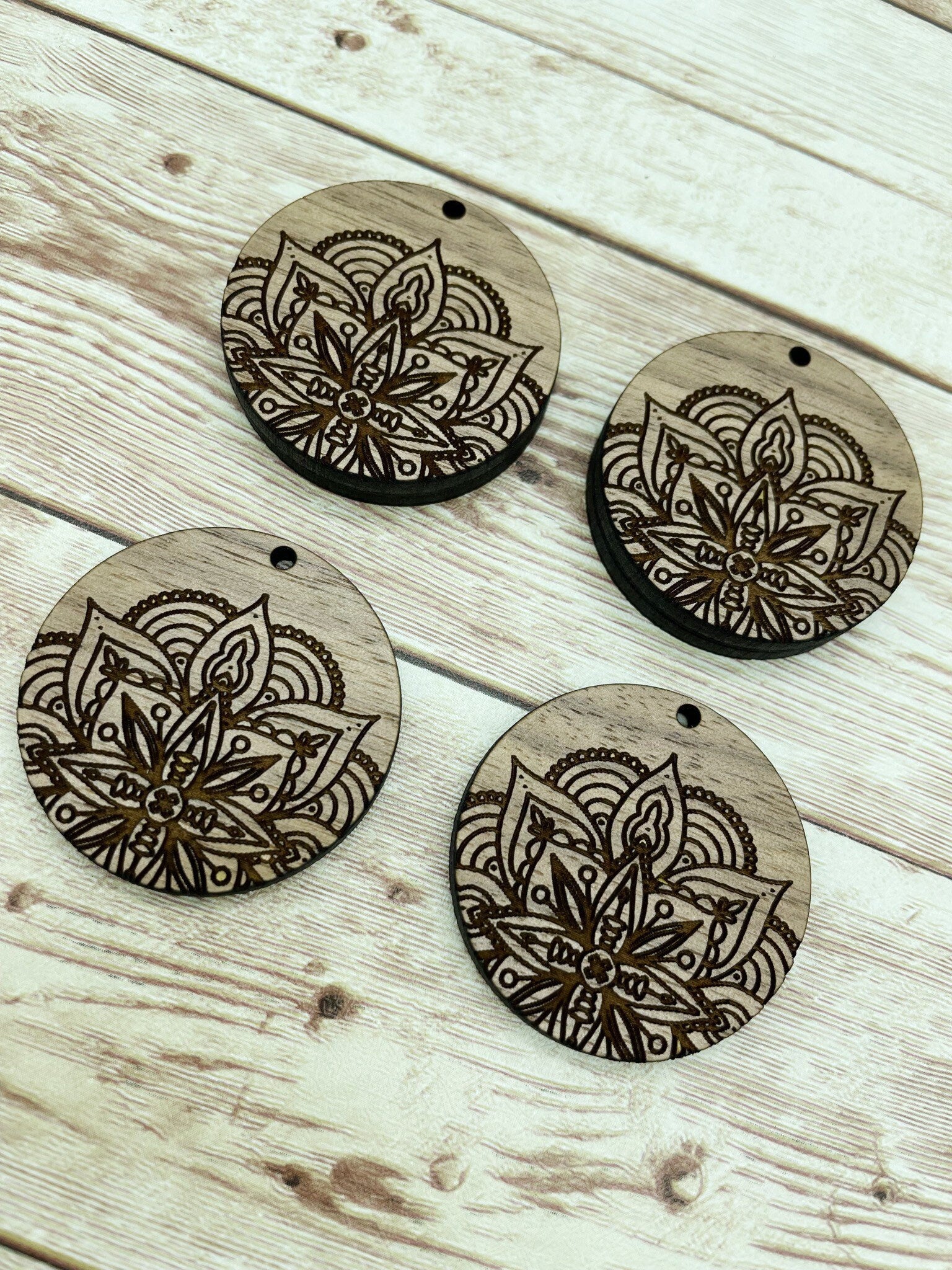 Wood Engraved Mandala Circle Earring Blanks, Finished Walnut Blank, DIY Jewelry Making