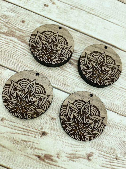Wood Engraved Mandala Circle Earring Blanks, Finished Walnut Blank, DIY Jewelry Making