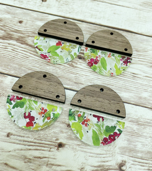 Patterned Acrylic and Wood Round Holiday Berry Print Earring Blanks, DIY Jewelry Making