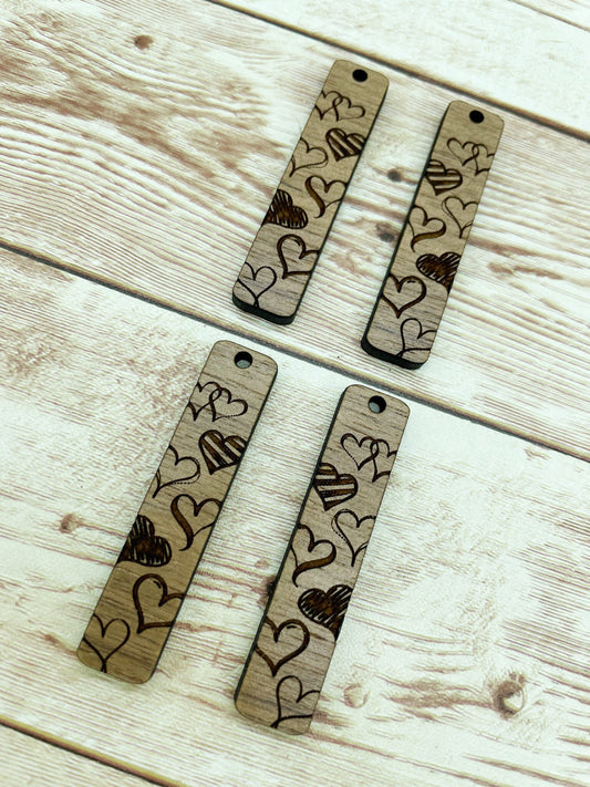 Wood Bar Engraved Heart Print Earring Blanks, Finished Walnut Blank, DIY Jewelry Making