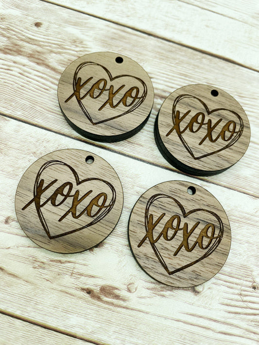 Wood Circle Engraved XOXO Heart Earring Blanks, Finished Walnut Blank, DIY Jewelry Making