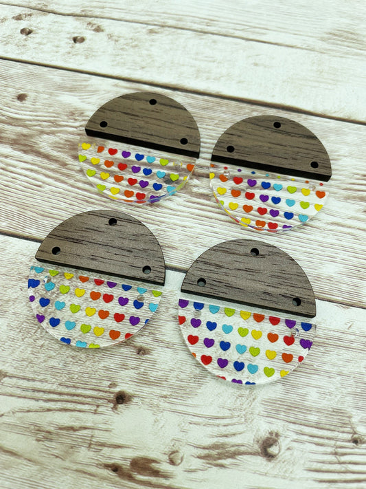 Patterned Acrylic and Wood Round Rainbow Heart Print Earring Blanks, DIY Jewelry Making