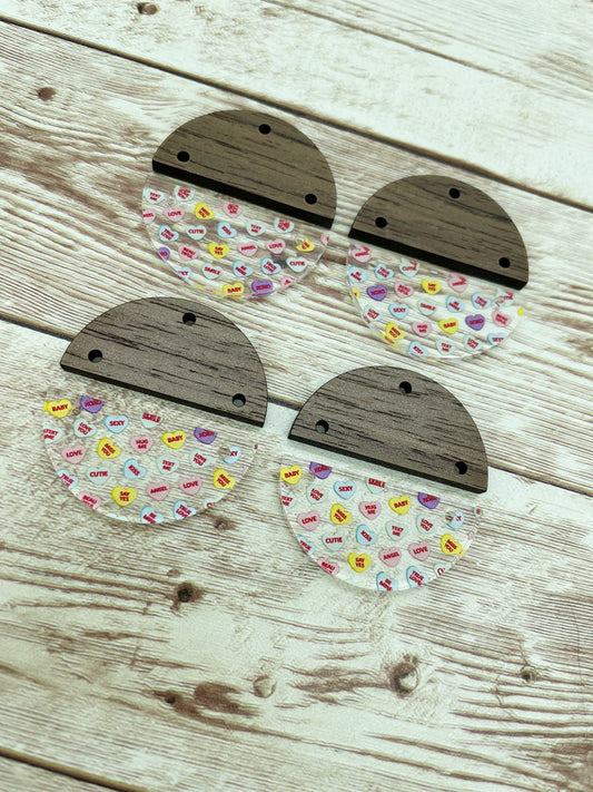 Patterned Acrylic and Wood Round Conversation Heart Print Earring Blanks, DIY Jewelry Making