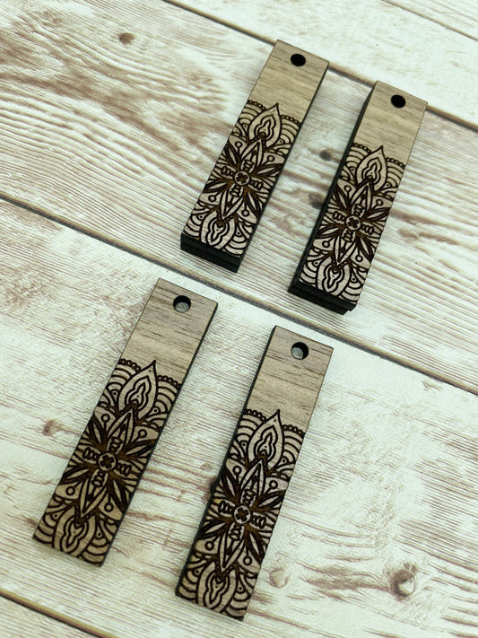 Wood Bar Engraved Mandala Earring Blanks, Finished Walnut Blank, DIY Jewelry Making
