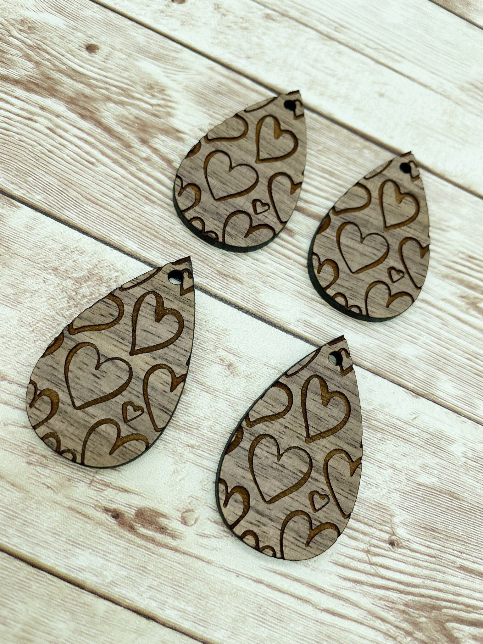 Wood Teardrop Engraved Heart Print #3 Earring Blanks, Finished Walnut Blank, DIY Jewelry Making