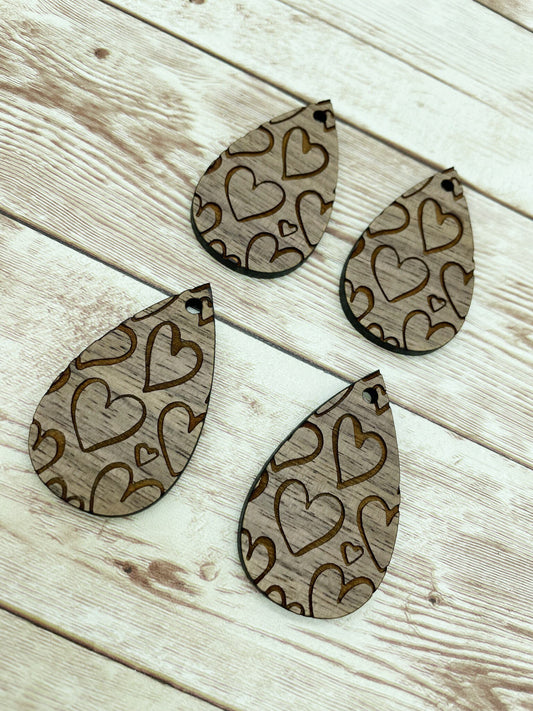 Wood Teardrop Engraved Heart Print #3 Earring Blanks, Finished Walnut Blank, DIY Jewelry Making