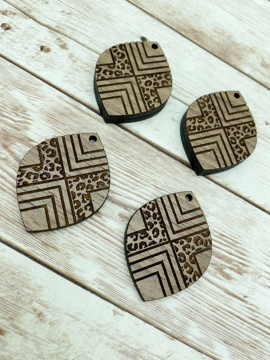 Wood Teardrop Engraved Leopard Print Southwestern #1 Earring Blanks, Finished Walnut Blank, DIY Jewelry Making