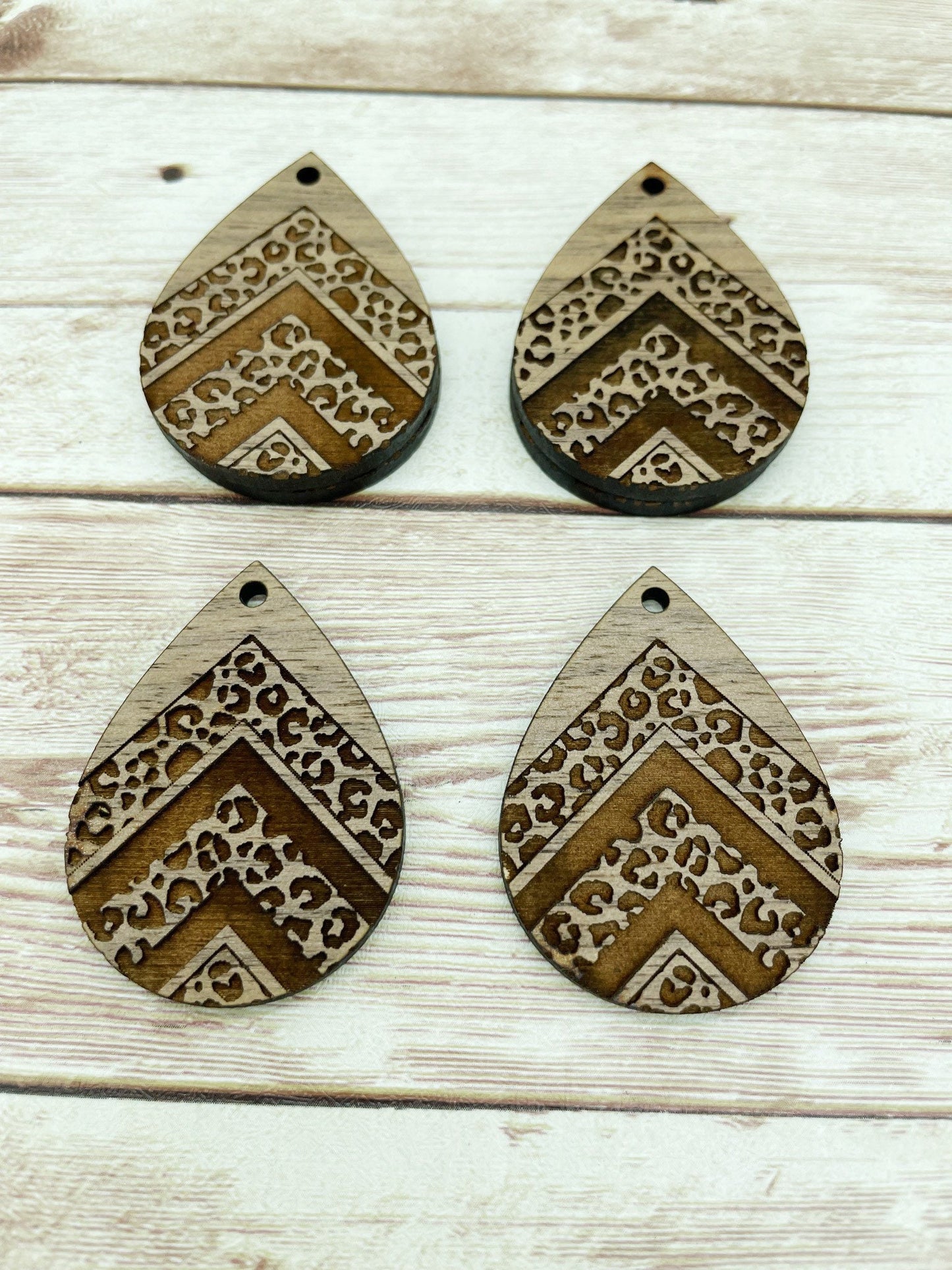 Wood Teardrop Engraved Leopard Print Southwestern #2 Earring Blanks, Finished Walnut Blank, DIY Jewelry Making