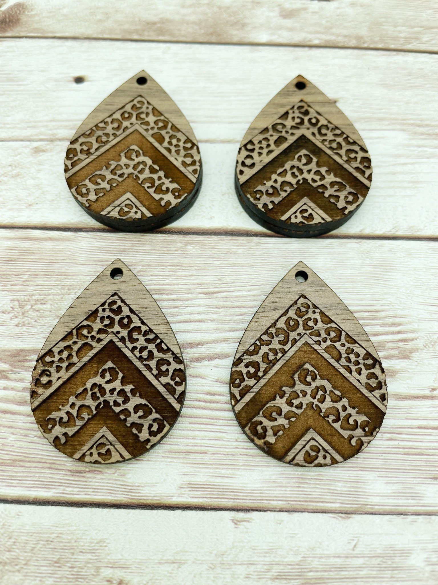 Wood Teardrop Engraved Leopard Print Southwestern #2 Earring Blanks, Finished Walnut Blank, DIY Jewelry Making
