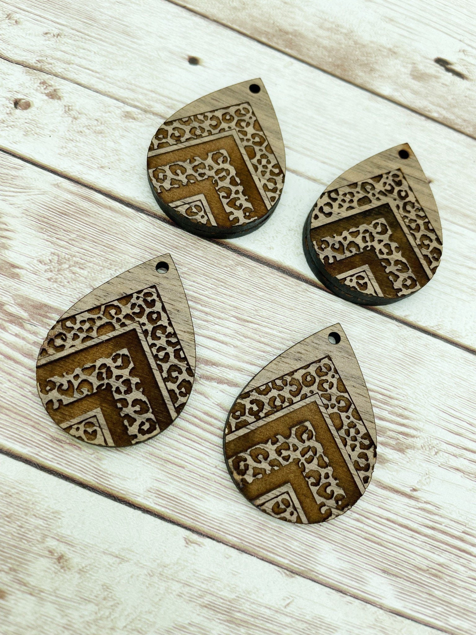 Wood Teardrop Engraved Leopard Print Southwestern #2 Earring Blanks, Finished Walnut Blank, DIY Jewelry Making
