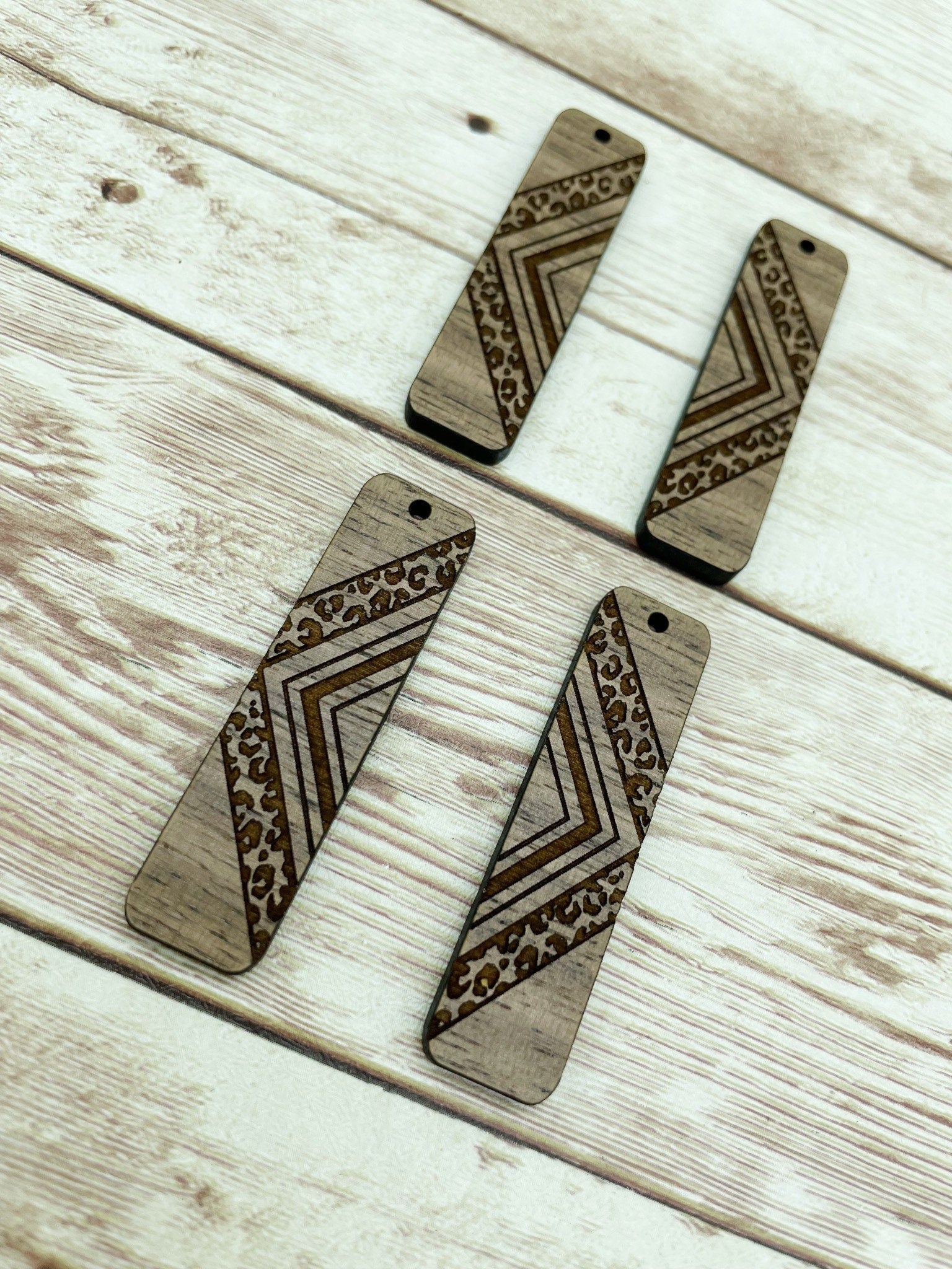 Wood Bar Engraved Leopard Print Southwestern Earring Blanks, Finished Walnut Blank, DIY Jewelry Making