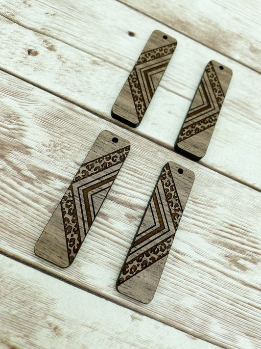 Wood Bar Engraved Leopard Print Southwestern Earring Blanks, Finished Walnut Blank, DIY Jewelry Making