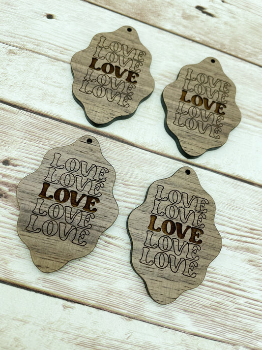 Wood Wavy Engraved Love Earring Blanks, Finished Walnut Blank, DIY Jewelry Making