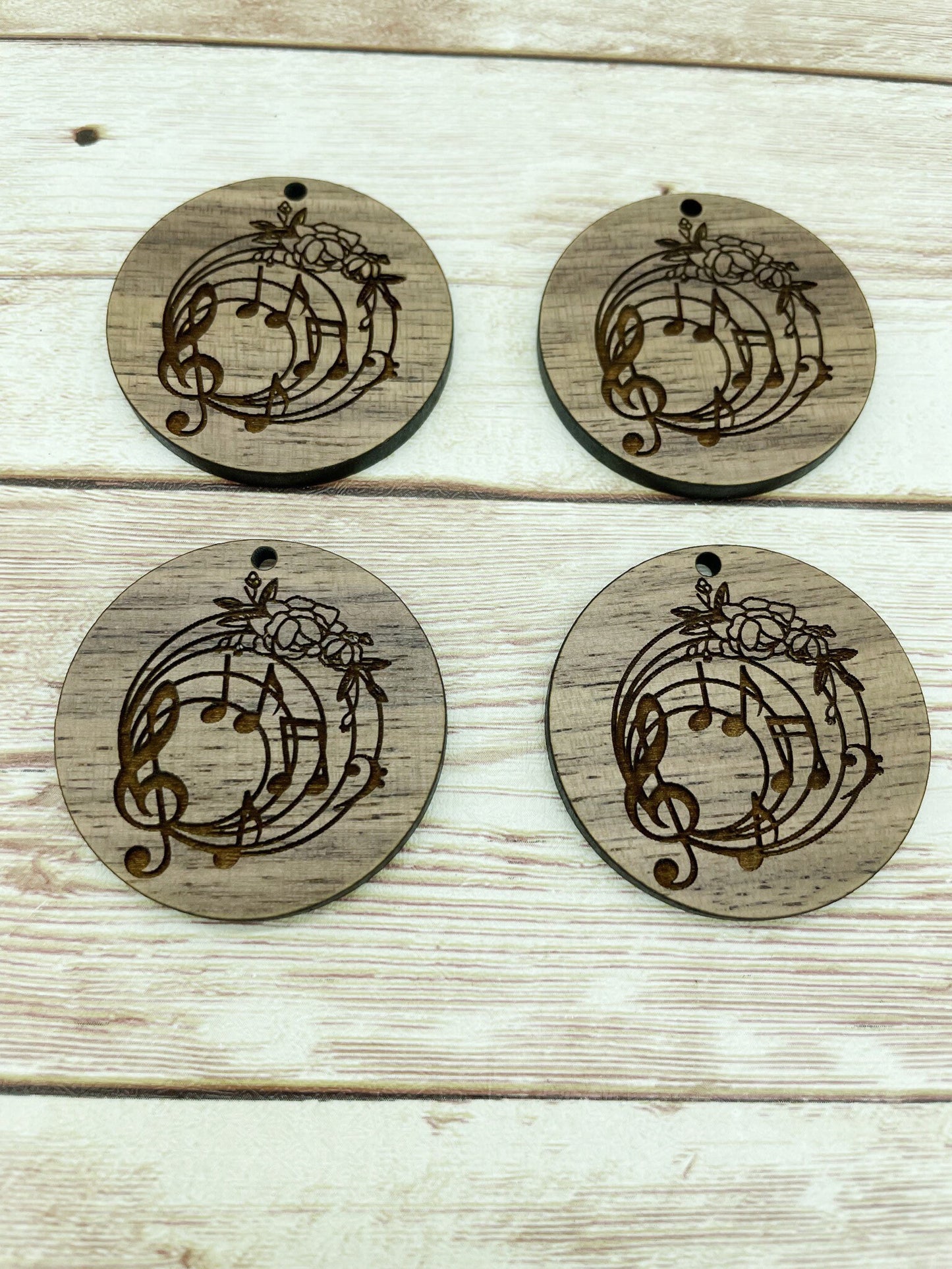 Wood Circle Engraved Floral Music Notes Earring Blanks, Finished Walnut Blank, DIY Jewelry Making