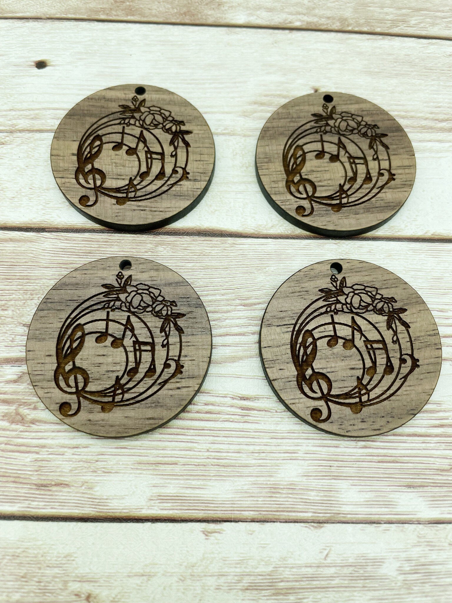Wood Circle Engraved Floral Music Notes Earring Blanks, Finished Walnut Blank, DIY Jewelry Making