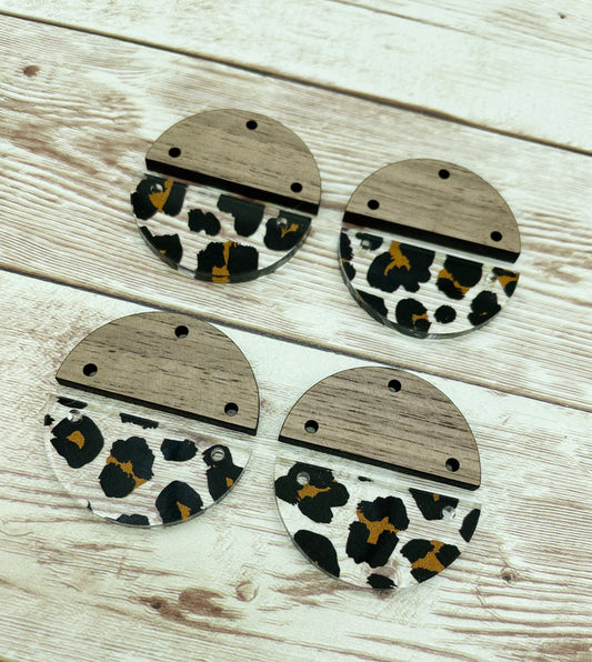 Patterned Acrylic and Wood Round Leopard Print Earring Blanks, DIY Jewelry Making