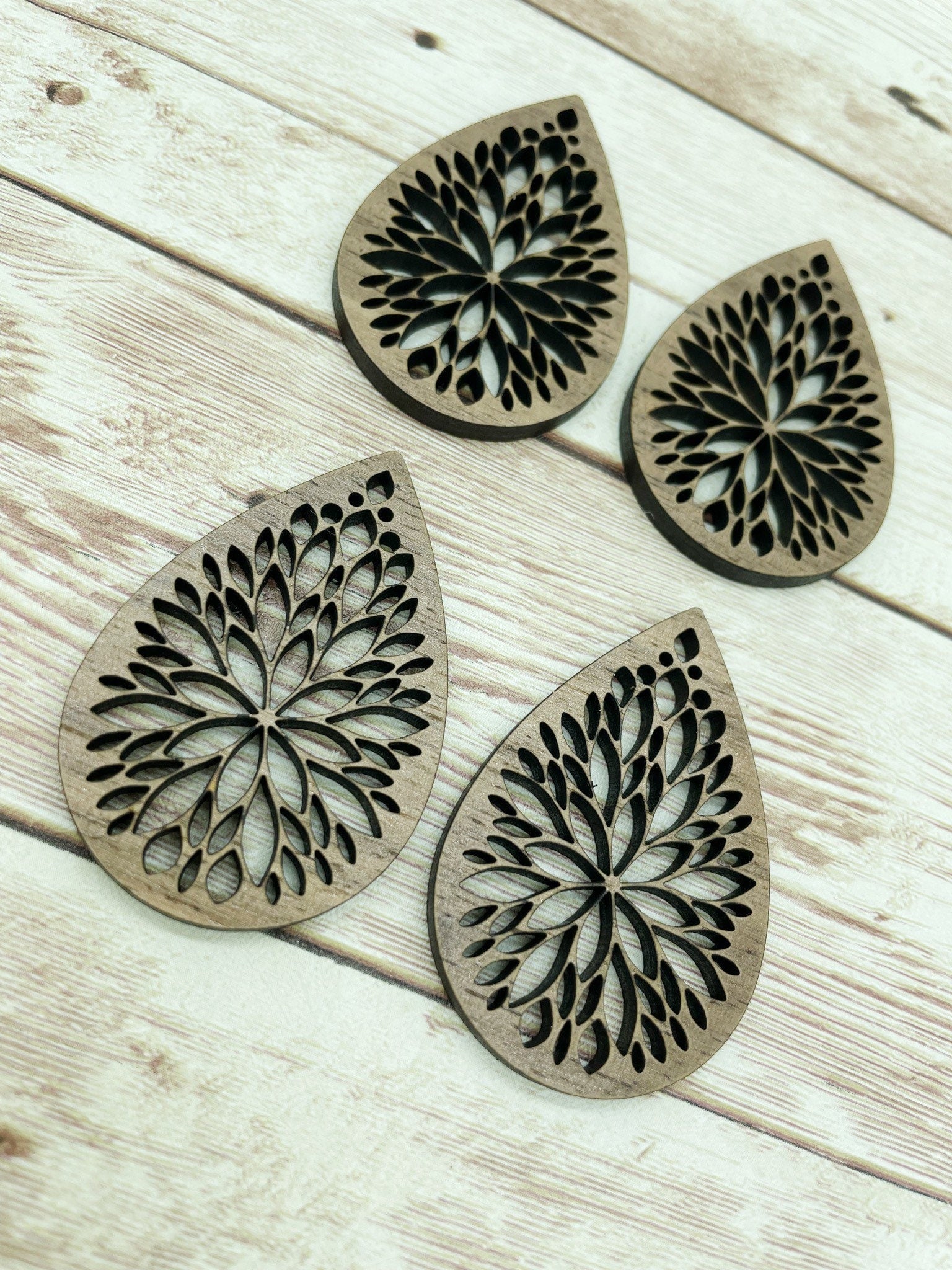 Wood Teardrop Intricate Pattern Earring Blanks, Finished Walnut Blank, DIY Jewelry Making
