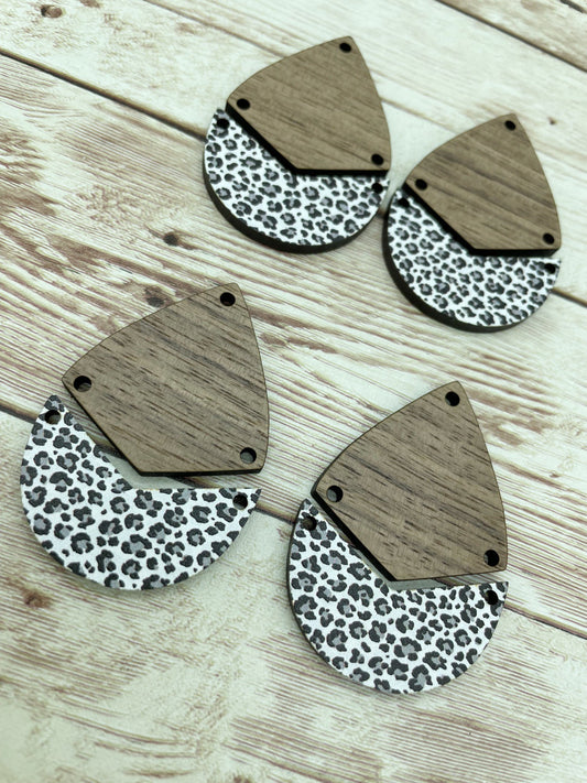 Patterned Snow Leopard Wood and Walnut Teardrop Set Earring Blanks, DIY Jewelry Making