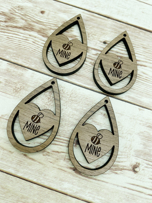 Wood Teardrop Engraved Bee Mine Earring Blanks, Finished Walnut Blank, DIY Jewelry Making
