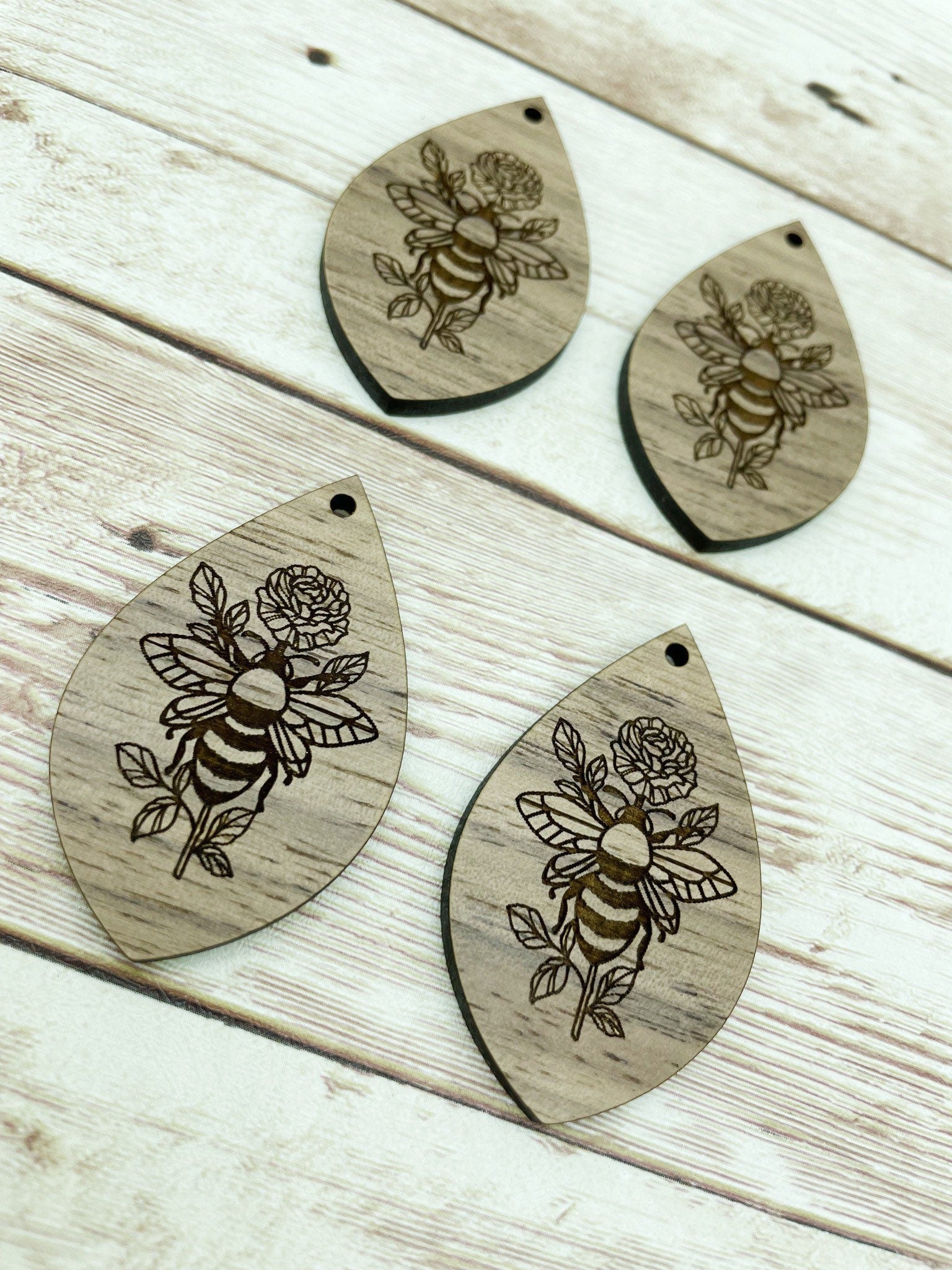 Wood Teardrop Engraved Floral Bee Earring Blanks, Finished Walnut Blank, DIY Jewelry Making