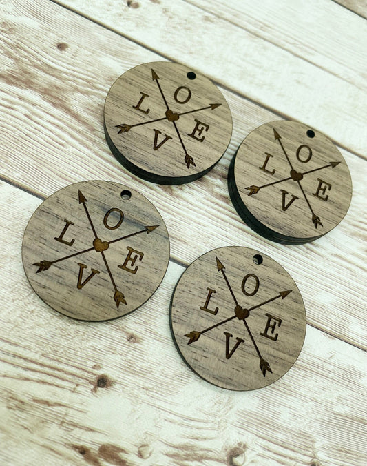 Wood Circle Engraved Love Arrows Earring Blanks, Finished Walnut Blank, DIY Jewelry Making